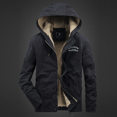 Herren Kapuzen-Canvasjacke mit durchgehendem Teddyfutter und verdeckter Druckknopfleiste – Taviero