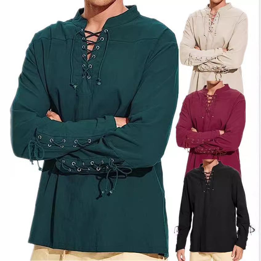 Herren Langarm Leinenhemd mit modernem Schnürdesign Echoarchiv