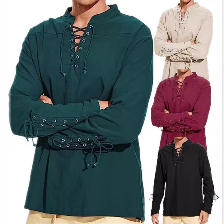Herren Langarm Leinenhemd mit modernem Schnürdesign Echoarchiv