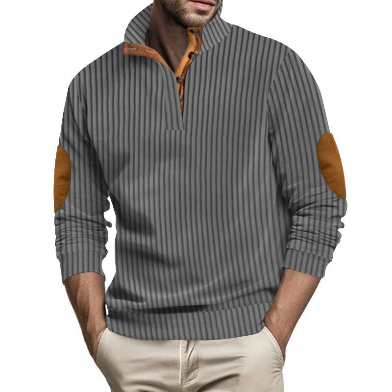 Herren eleganter Strickpullover mit Reverskragen und Lederapplikationen Echoarchiv