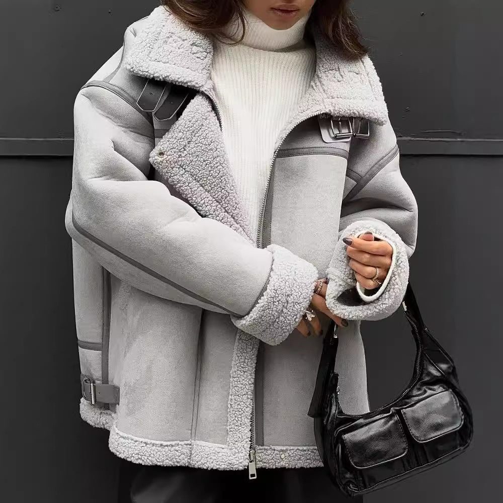 Damen Weit geschnittene Lammfellimitat-Fliegerjacke mit Kunstfellfutter Echoarchiv