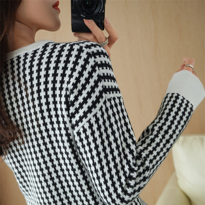 Damen Leichter Strukturstrick-Pullover mit Hahnentritt-Muster und breitem Rippbündchen Echoarchiv