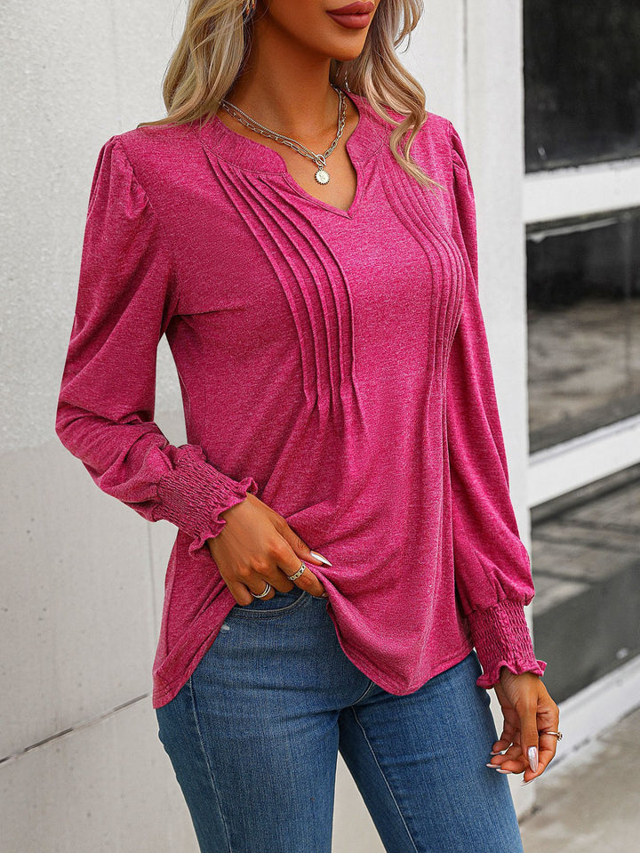 Damen nan Langarmshirt mit V-Ausschnitt, dekorativen Kellerfalten vorn und elastischen Smokbündchen Echo Archiv