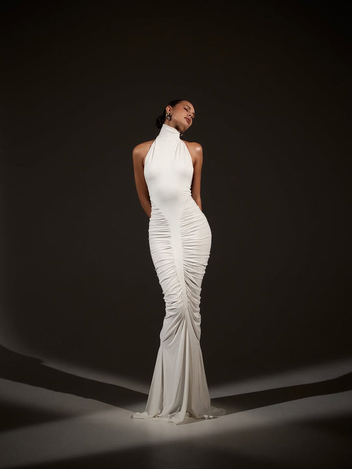 Damen Elegantes Leopardenmuster Maxikleid mit hohen Kragen und raffinierten Schnitten Echo Archiv