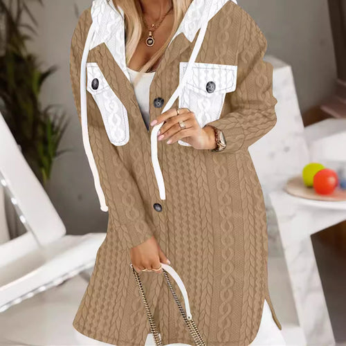 Damen Longline-Strickmantel mit Kapuze, Zierknöpfen und Kontrasttaschen – Montévia