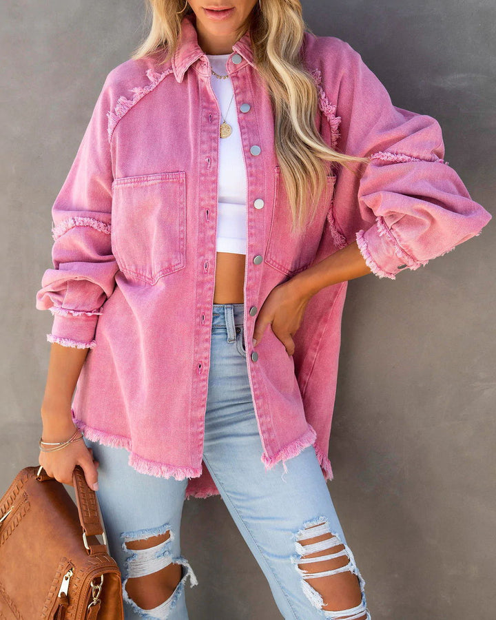 Damen nan oversized Hemdjacke im Used‑Look mit ausgefransten Kanten und aufgesetzten Pattentaschen Echo Archiv