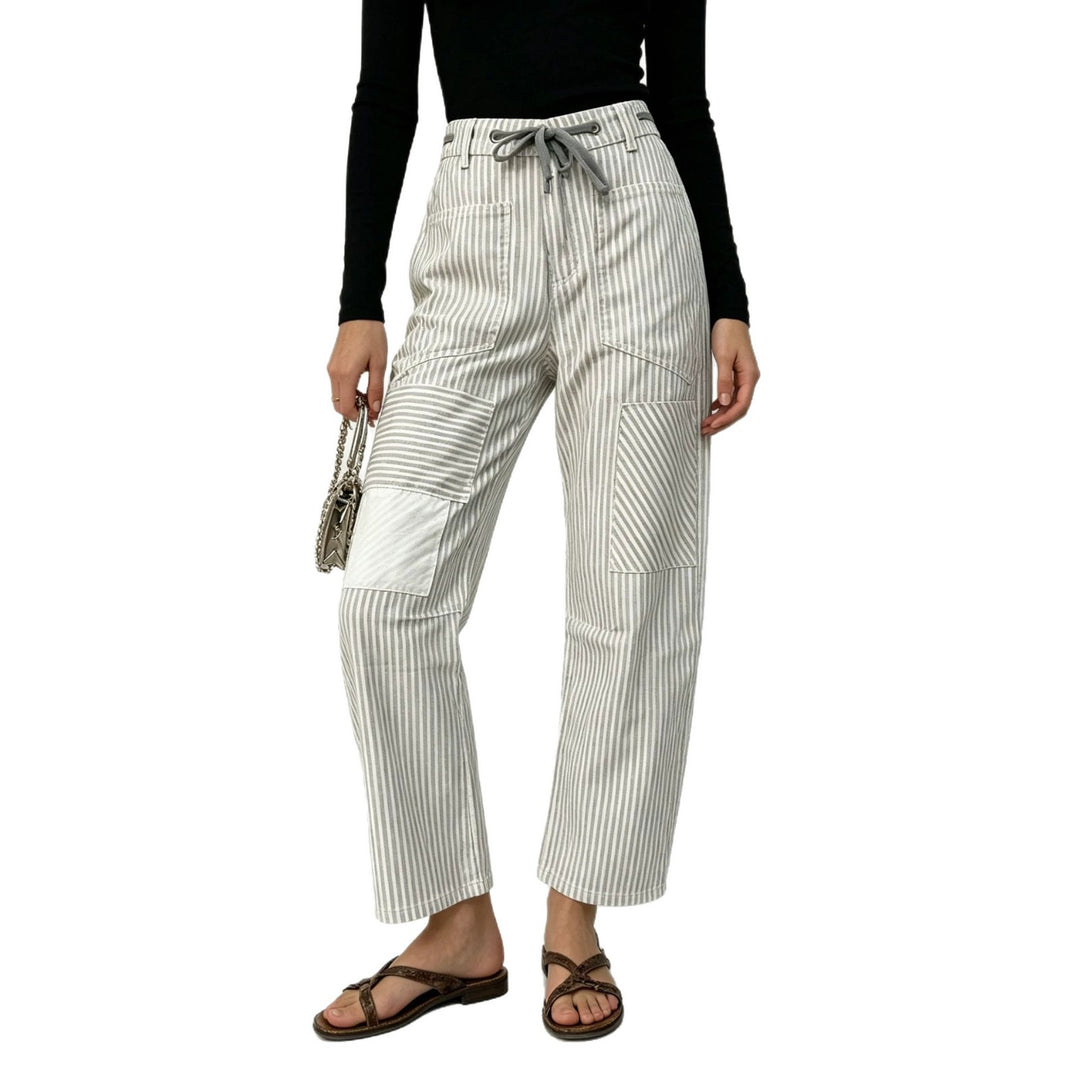Damen nan High‑Waist Relaxed‑Hose mit vertikalem Streifenmuster, aufgesetzten Knie‑Patches und Kordelzug Echo Archiv