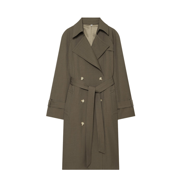 Damen eleganter Utility-Trench mit breitem Revers, Bindegürtel und aufgesetzten Pattentaschen – Avérine
