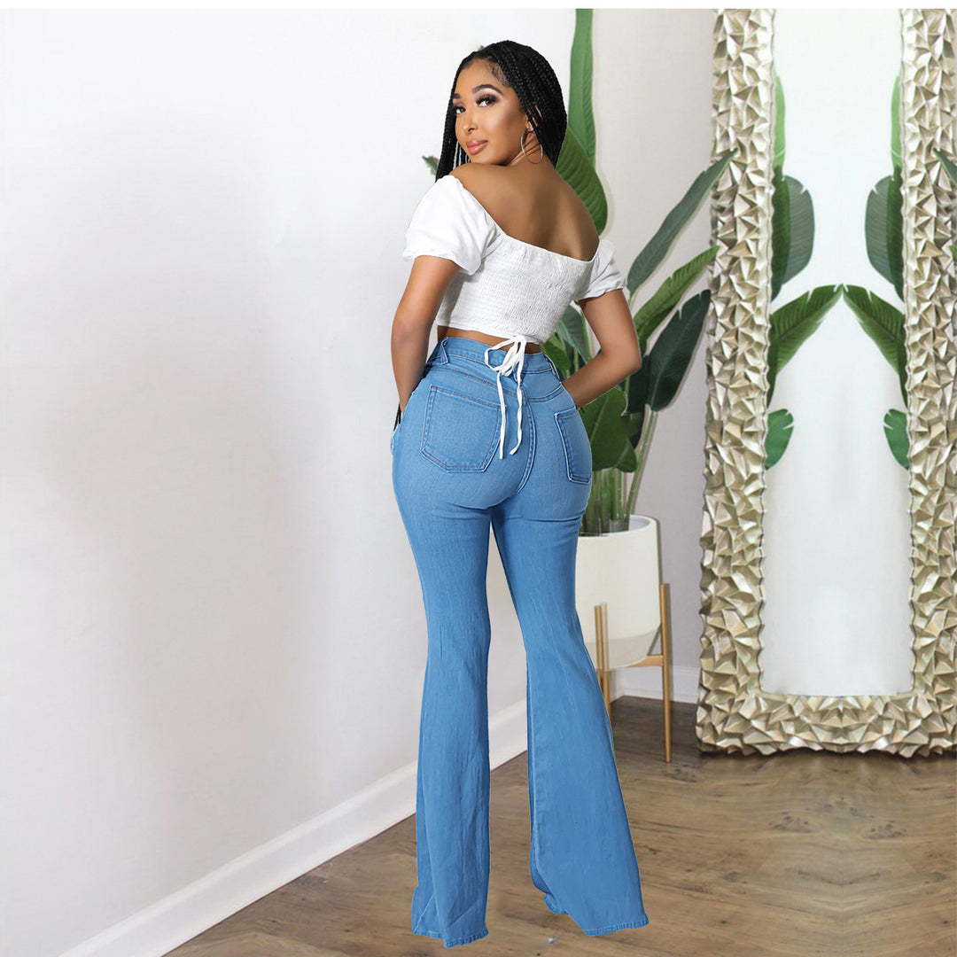 Damen Hochtaillierte Schlaghose aus Stretch‑Denim mit Knieausrissen und formendem Bund Echo Archiv