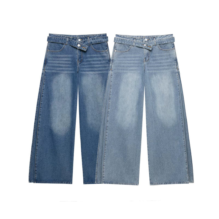 Damen Hochtaillierte weitgeschnittene Jeans mit integriertem Gürtel und seitlichen Steppnähten Echo Archiv