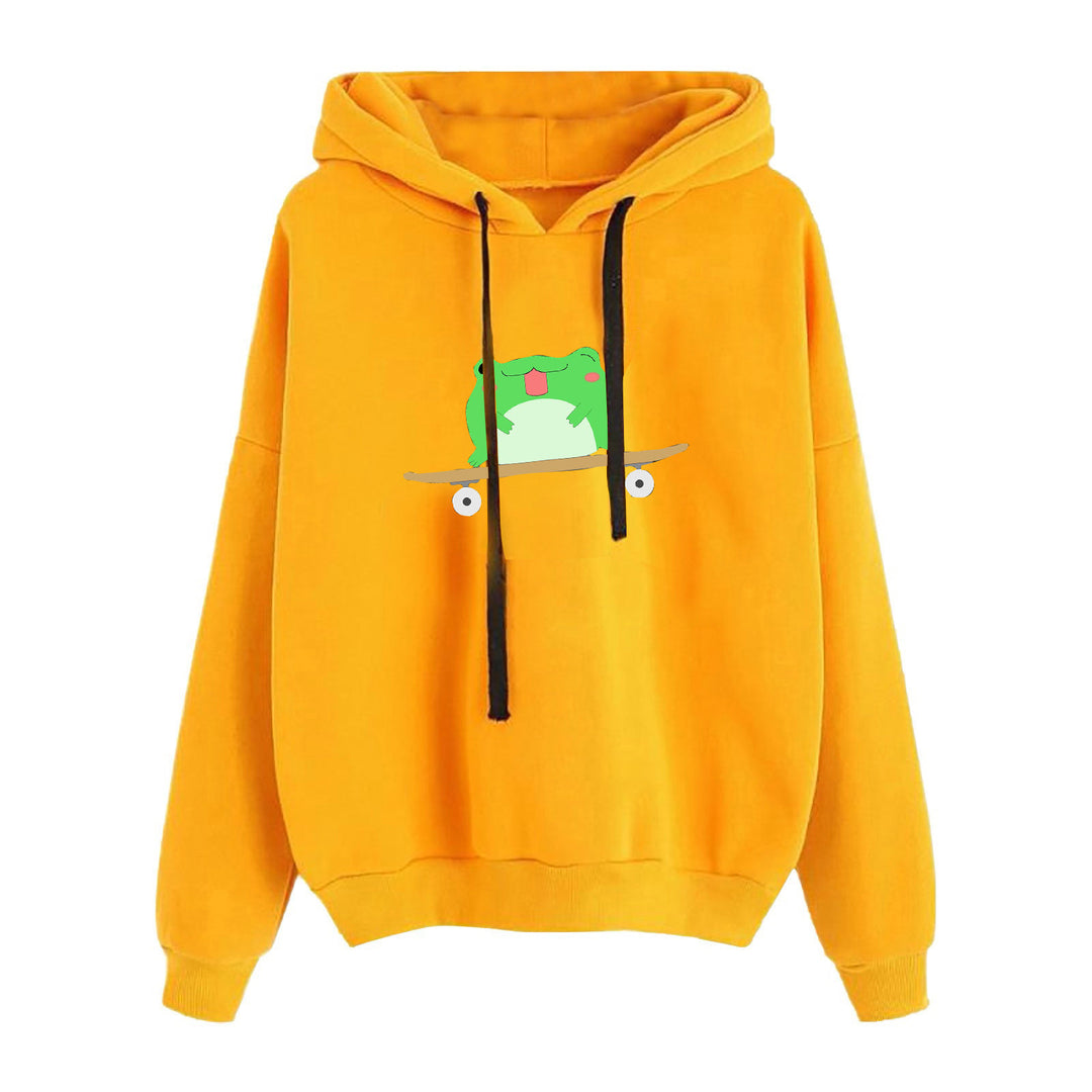 Damen kurz geschnittener Cropped-Kapuzenpullover mit niedlicher Frosch-Illustration und verstellbarer Kapuze – Auréline