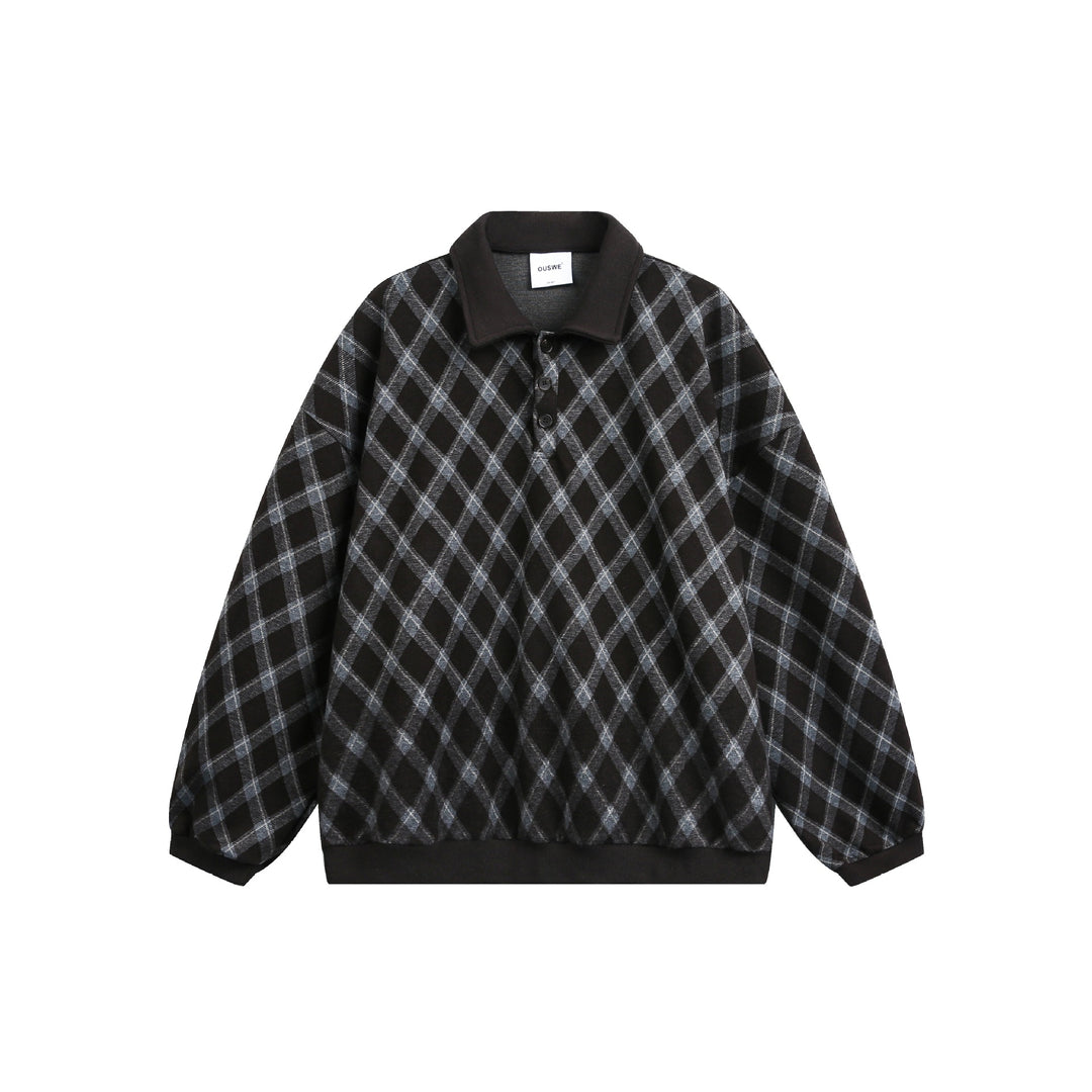 Damen Karierter Oversize‑Polo‑Pullover mit Halbknopfleiste und Rippbündchen Echoarchiv