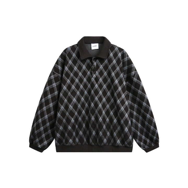 Damen Karierter Oversize‑Polo‑Pullover mit Halbknopfleiste und Rippbündchen Echoarchiv