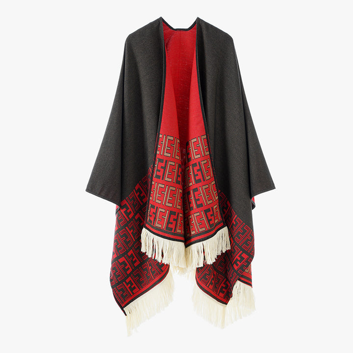 Damen Wendbarer Jacquard-Capeüberwurf mit Monogramm‑Bordüre und Fransen – Avérine