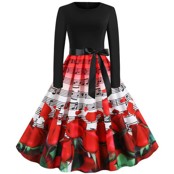Damen tailliertes A-Linien Kleid mit Noten- und Rosenprint Langarm und Taillenschleife – Élara