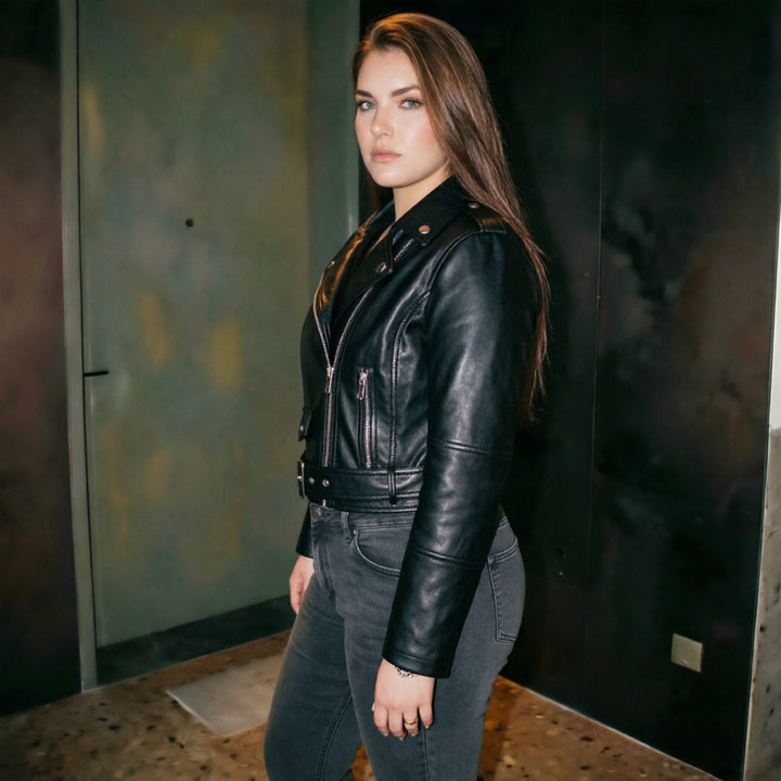 Damen Modische Bikerjacke mit Gürtel Echo Archiv