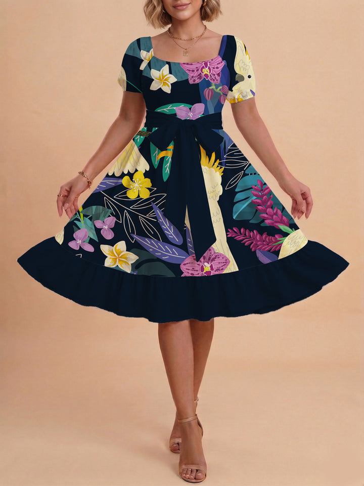 Damen A-Linien-Kleid mit floralen Motiven und taillierbarem Gürtel Echo Archiv