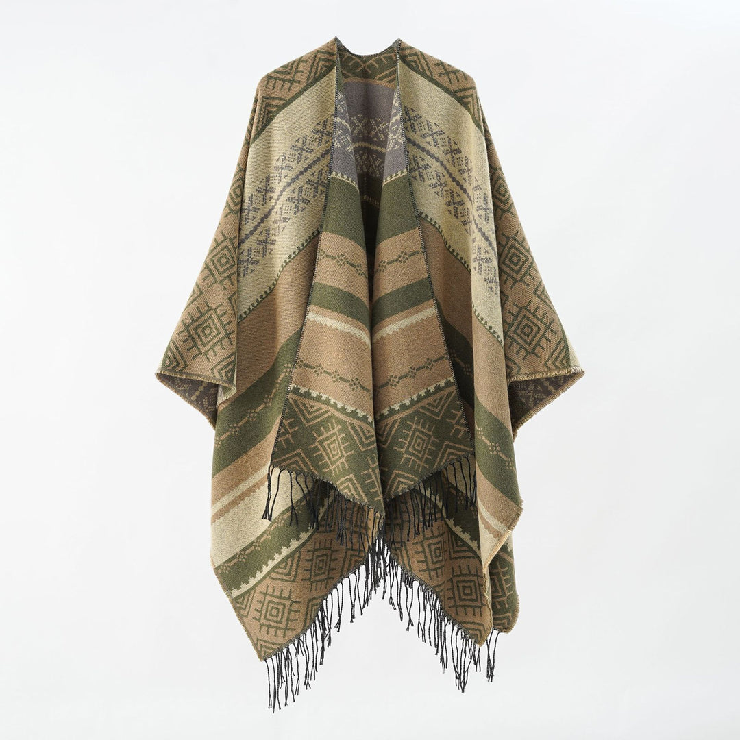 Damen Woven Jacquard-Poncho mit geometrischem Ethno-Muster und Fransensaum Echo Archiv
