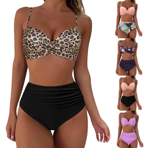 Damen Hochtailliertes Bikini-Set mit floralem Oberteil und gerafftem Höschen Echo Archiv