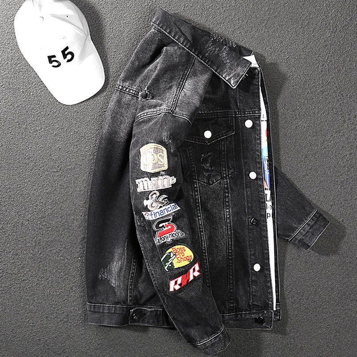 Herren Modische Jeansjacke mit kreativen Patches Echoarchiv