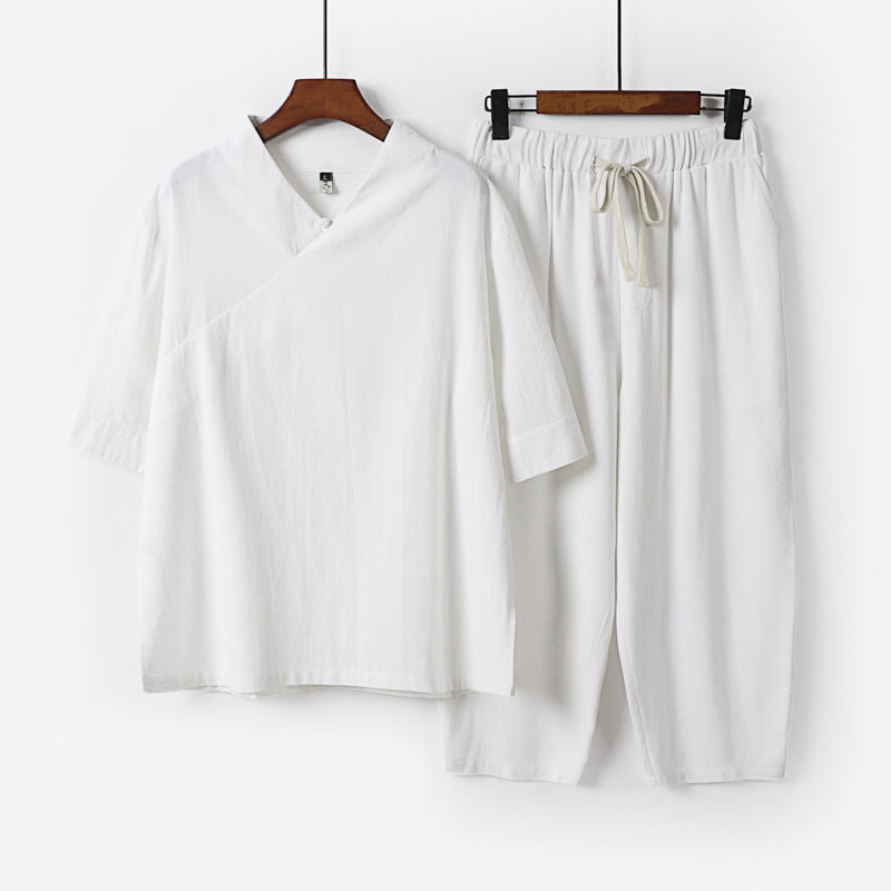 Herren Atmungsaktives Leinen-Baumwoll Lounge-Set mit asymmetrischem V-Kragen und elastischer Kordelhose Echoarchiv