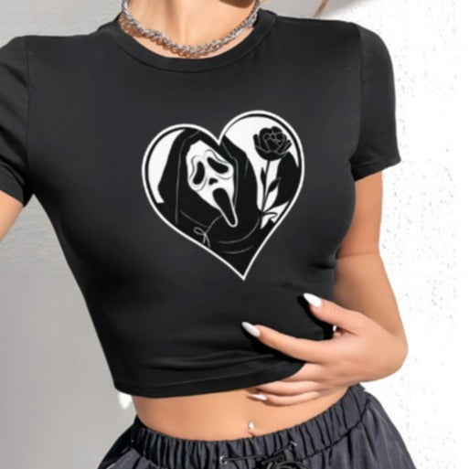 Damen Crop-T-Shirt mit kreativem Schriftzug und figurbetontem Schnitt Echo Archiv