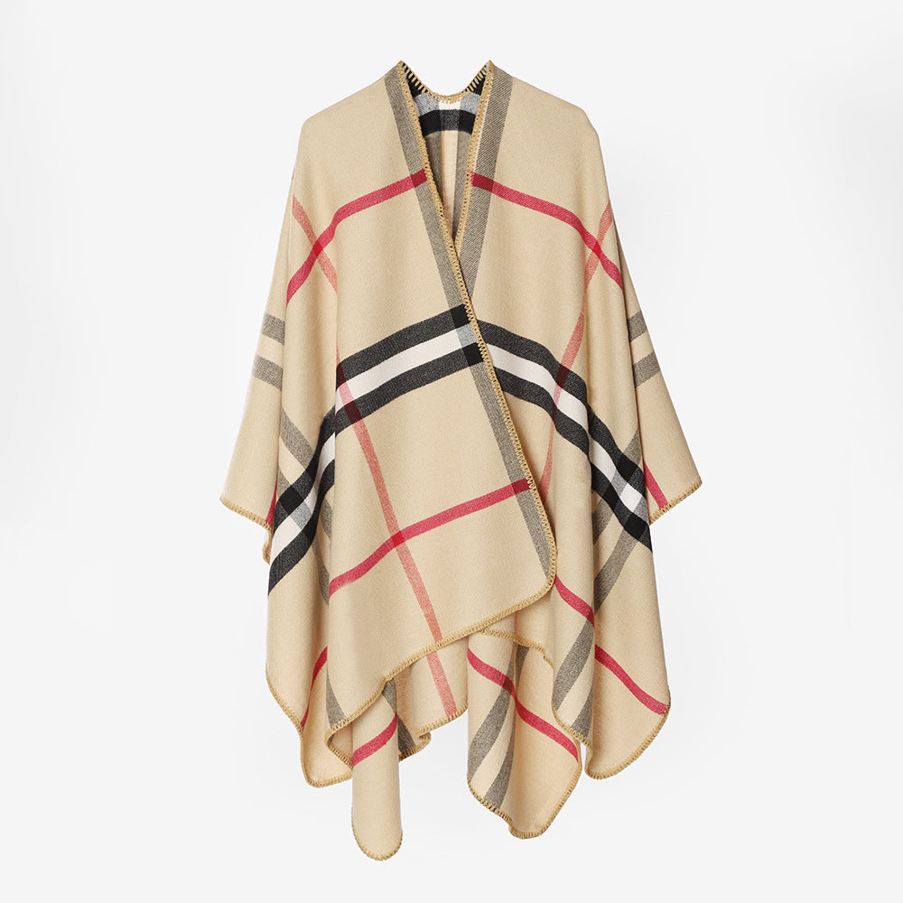 Damen Karierter Wollmix‑Poncho im Oversize‑Cape‑Schnitt mit Zierstichkante Echo Archiv