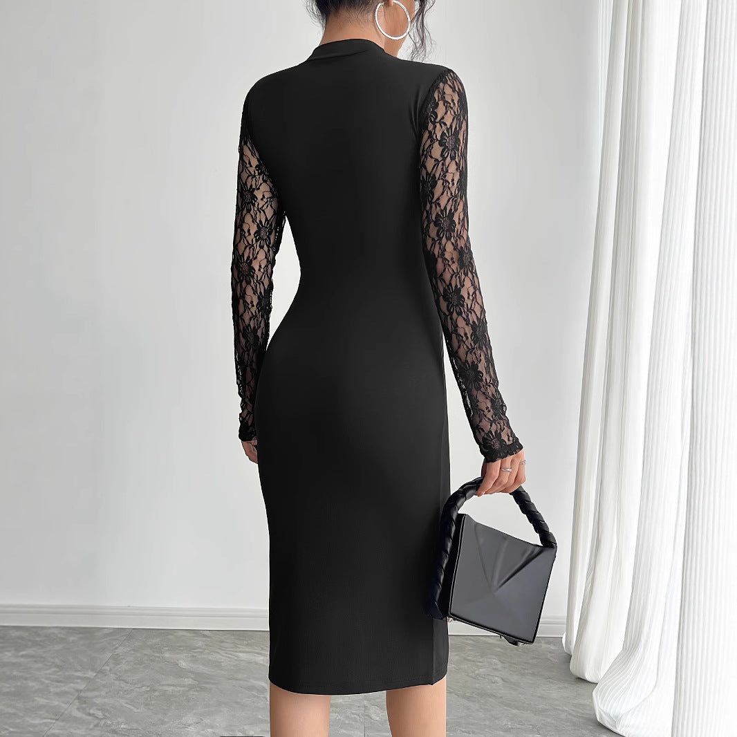 Damen nan elegantes Etuikleid mit Spitzenärmeln, transparentem Tailleneinsatz und hohem Seitenschlitz Echo Archiv