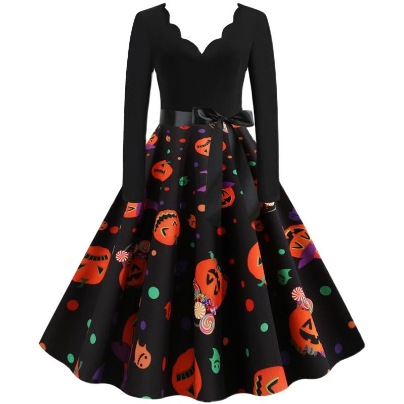 Damen Retro-Festliches Halloween-Kleid mit gewelltem Ausschnitt, taillierter Schnitt und weichem Tellerrock – Élara