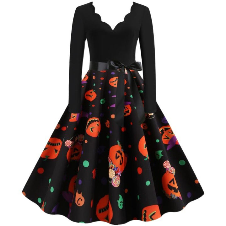 Damen Retro-Festliches Halloween-Kleid mit gewelltem Ausschnitt, taillierter Schnitt und weichem Tellerrock – Élara