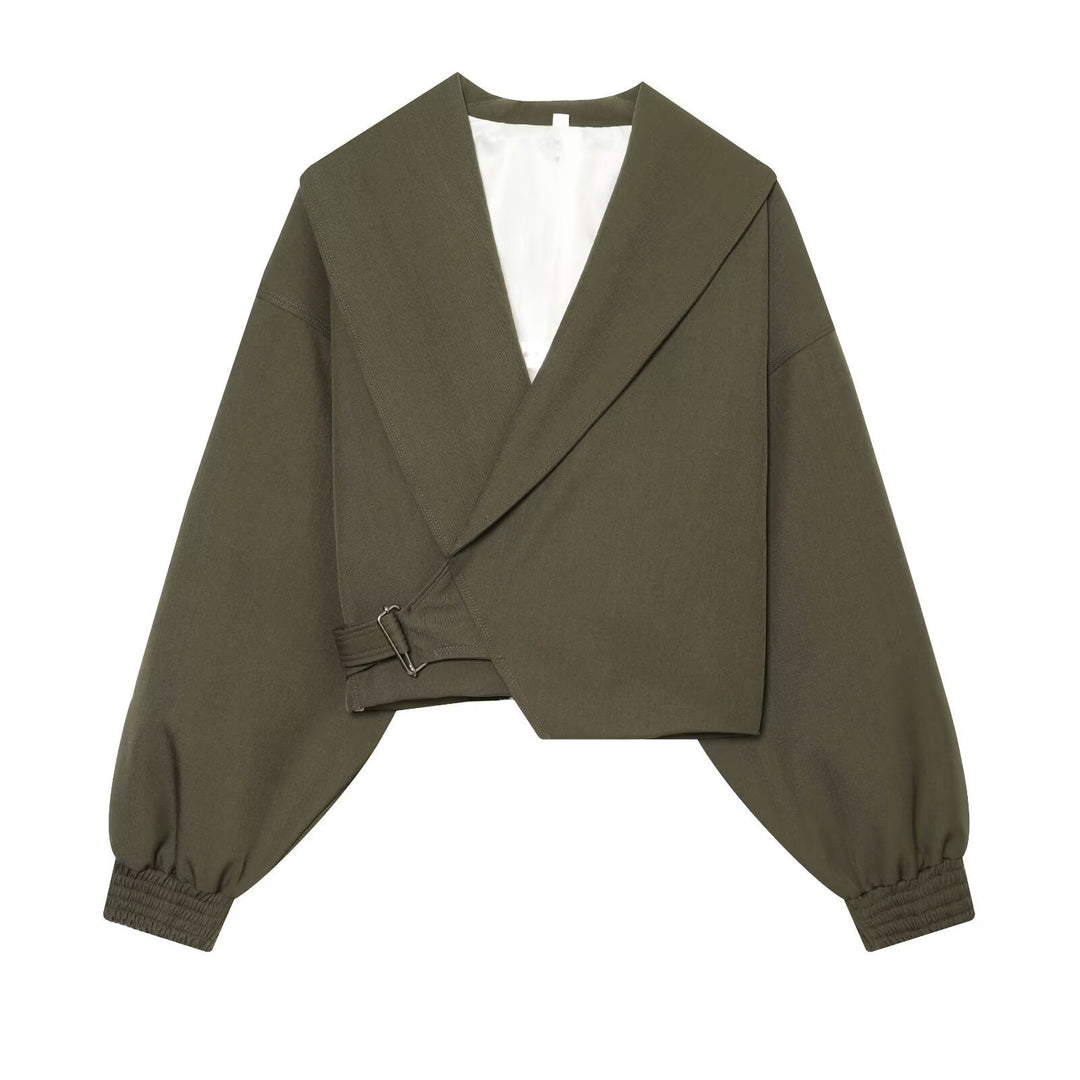 Damen Kurze Wickeljacke mit weitem Schalkragen, taillierendem Schnallenband und Ballonärmeln Echo Archiv