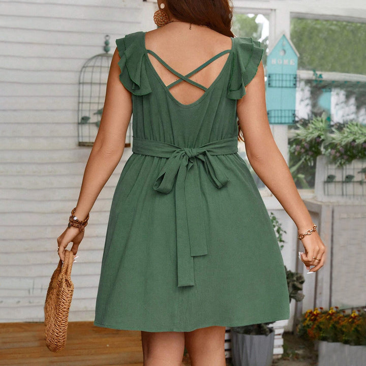 Damen lässiges Sommerkleid mit Rüschenärmel und V-Ausschnitt Echo Archiv