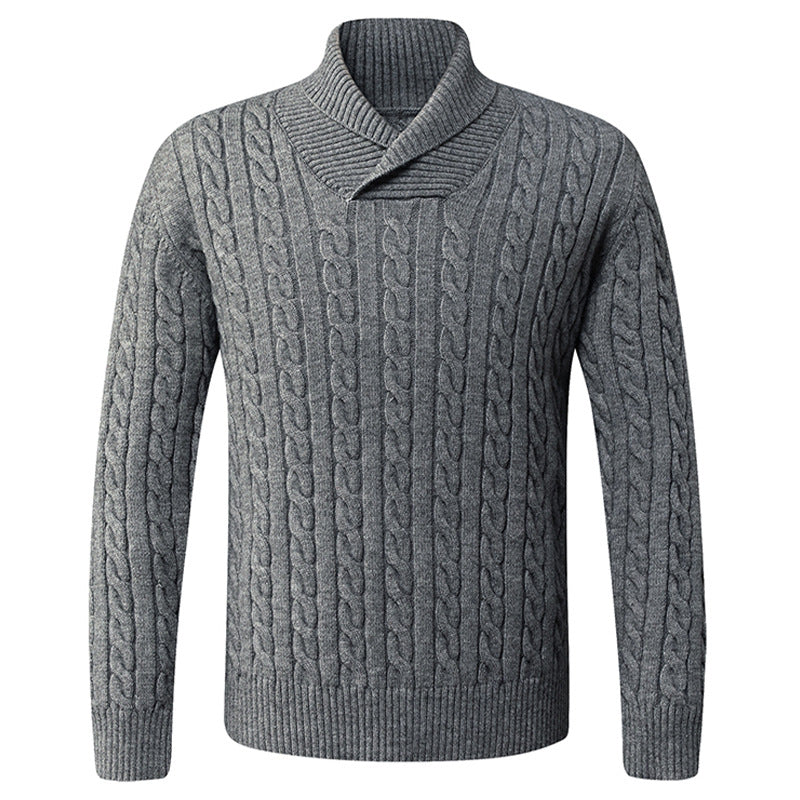 Herren Grobstrickpullover mit modernem Schalkragen und Zopfmuster Echoarchiv