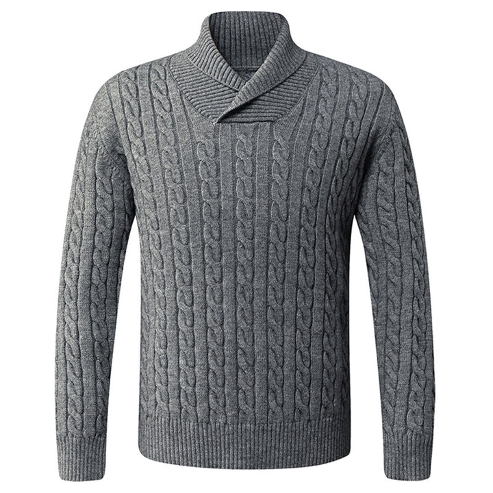 Herren Grobstrickpullover mit modernem Schalkragen und Zopfmuster Echoarchiv