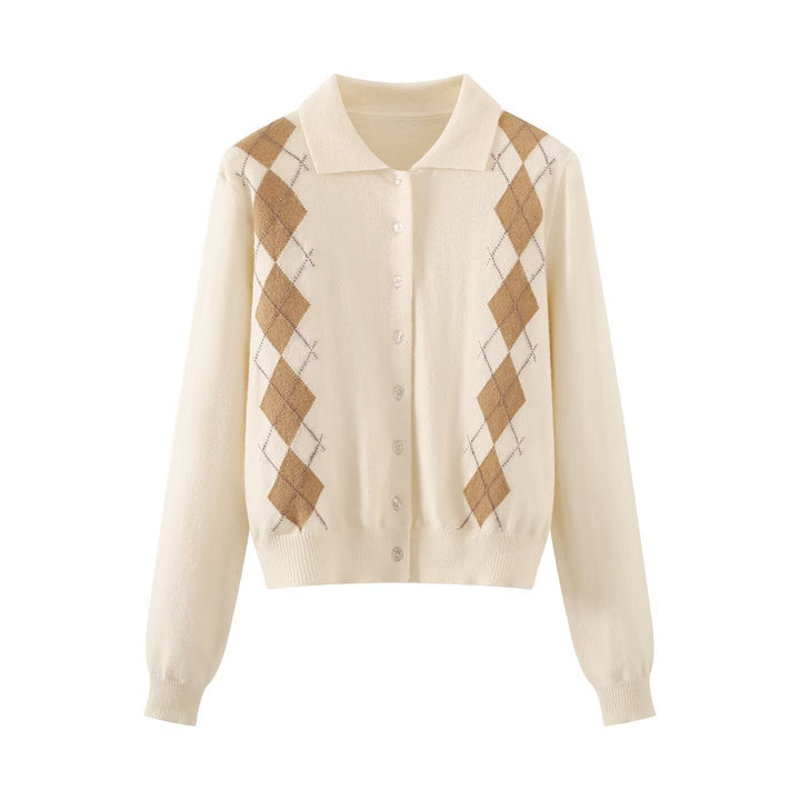 Damen Feinstrick-Cardigan mit Argyle‑Muster, Polokragen und tailliertem Cropped‑Schnitt Echoarchiv