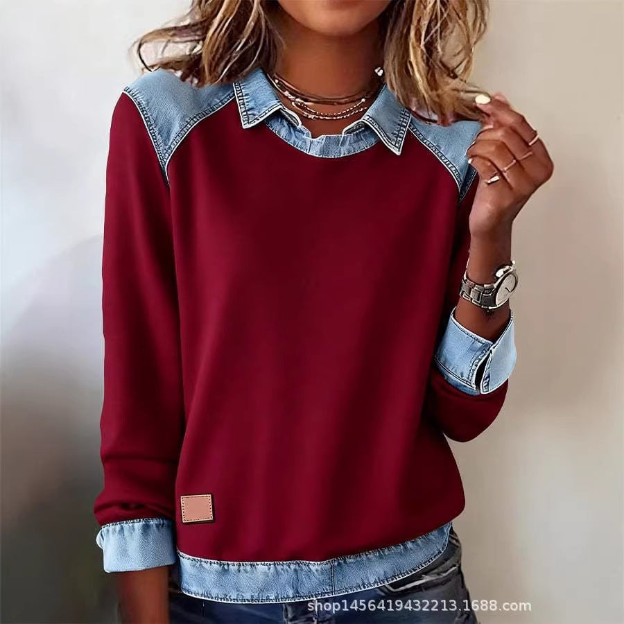 Damen nan gerippter Strickpullover mit Jeanskragen und Knopfleiste Echo Archiv