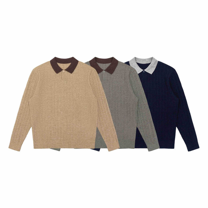 Herren Feinstrukturierter Rippstrick-Polo-Pullover mit Kontrastkragen Echoarchiv