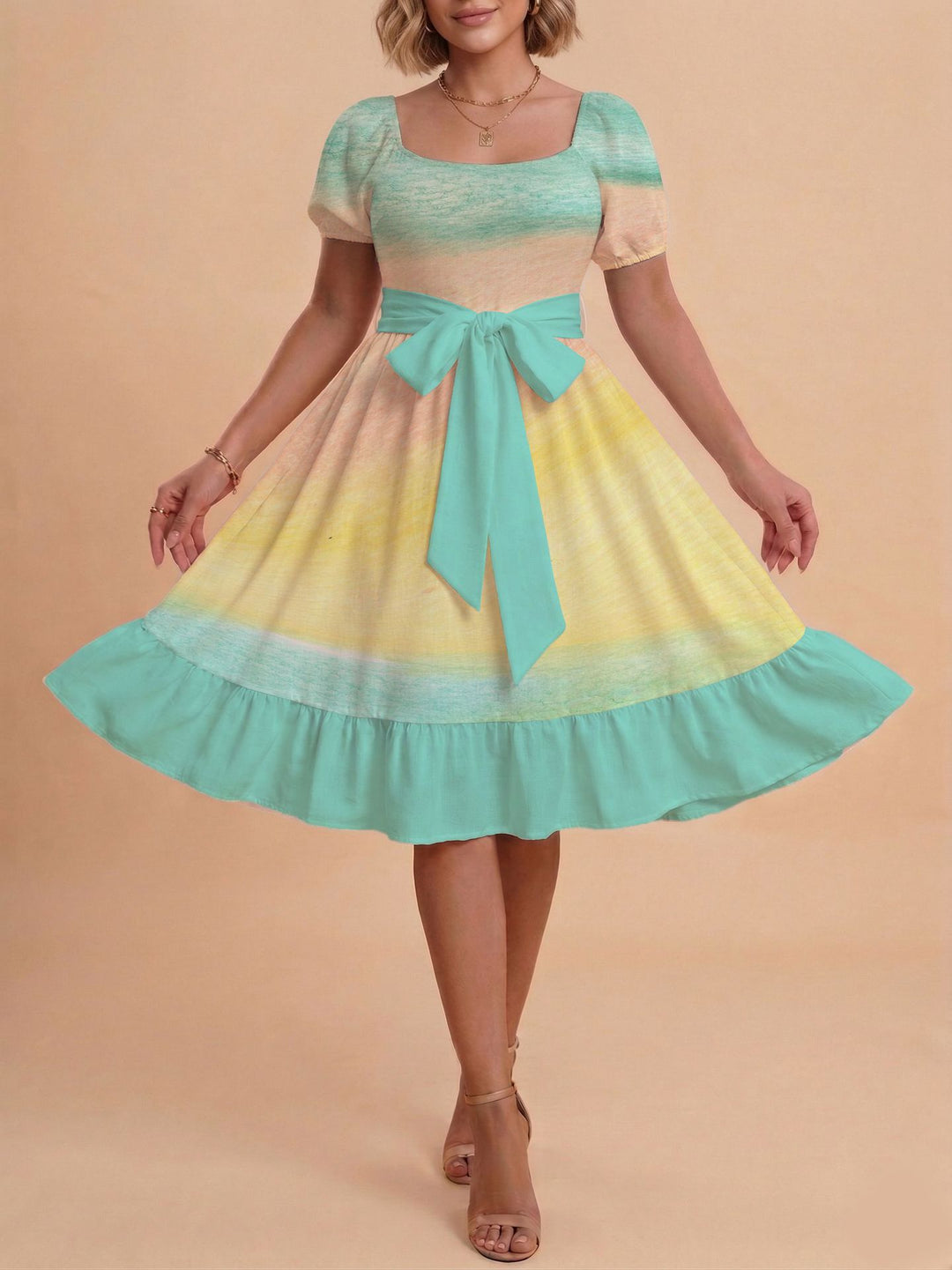 Damen Retro Maxikleid mit Puffärmeln und Taillengürtel Echo Archiv