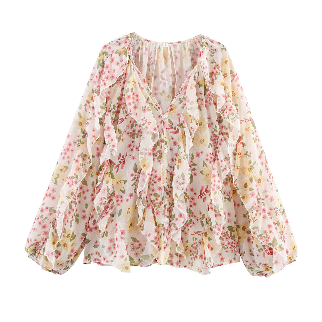 Damen feminine Chiffon-Volantbluse mit Ballonärmeln und V-Ausschnitt – Élovi