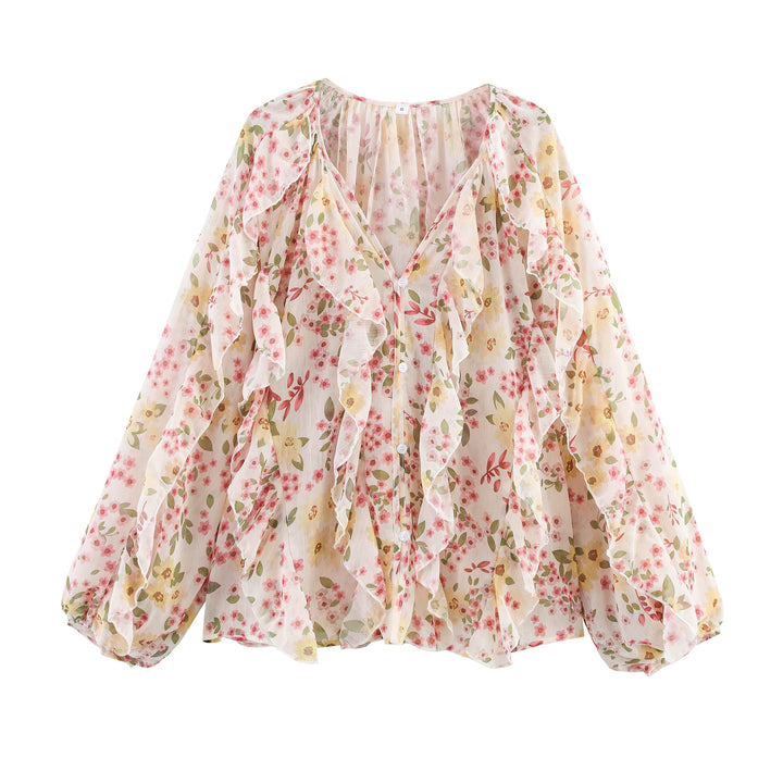Damen nan feminine Chiffon-Volantbluse mit Ballonärmeln und V-Ausschnitt Echo Archiv