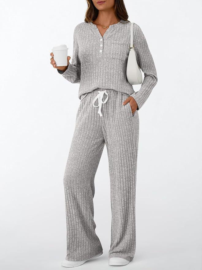 Damen Rippstrick-Lounge-Set mit Knopfleiste und weitem Kordelbund-Hose – Mavelle