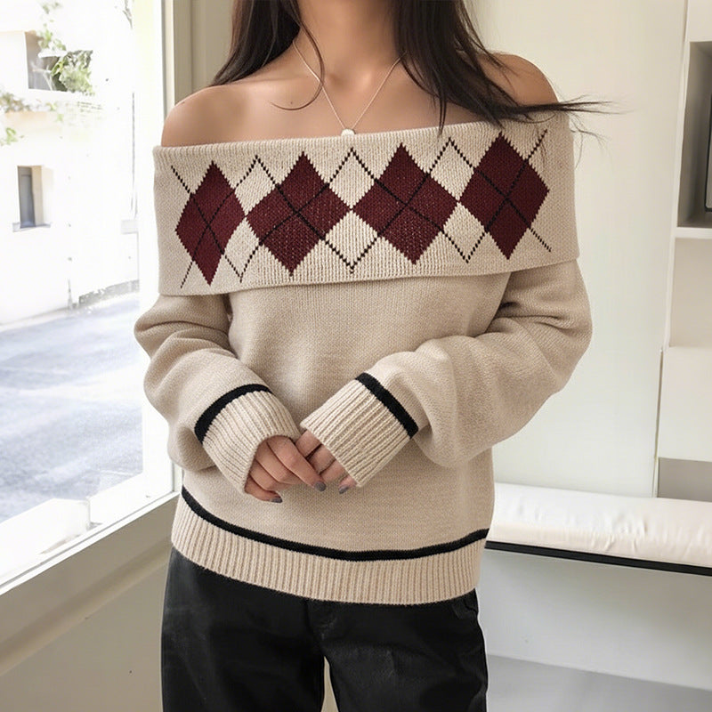 Damen Schulterfreier Strickpullover mit Rautenmuster und umgeschlagenem Kragen Echoarchiv