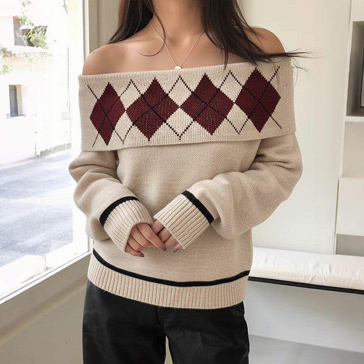 Damen Schulterfreier Strickpullover mit Rautenmuster und umgeschlagenem Kragen Echoarchiv