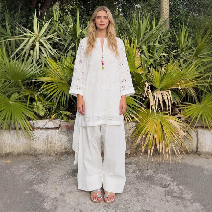 Damen Lockertes Tunika-Set mit Broderie Anglaise und weiten Pluderhosen Echoarchiv