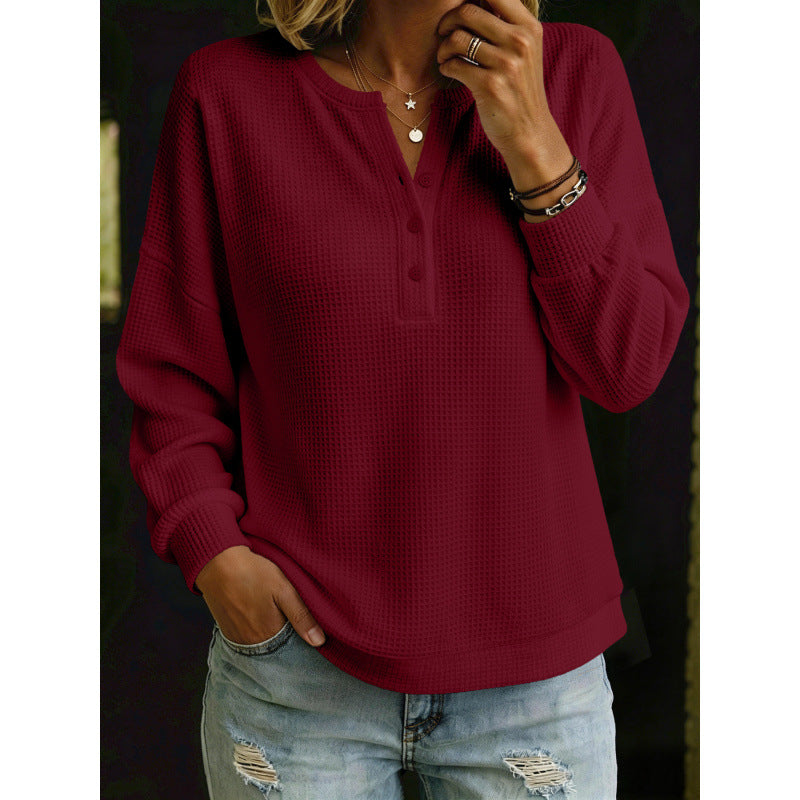Damen Waffelstrick-Henleypullover mit Oversize-Schnitt Echoarchiv