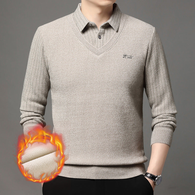 Herren eleganter V-Pullover mit strukturierten Ärmeln und klassischem Hemdkragen Echoarchiv
