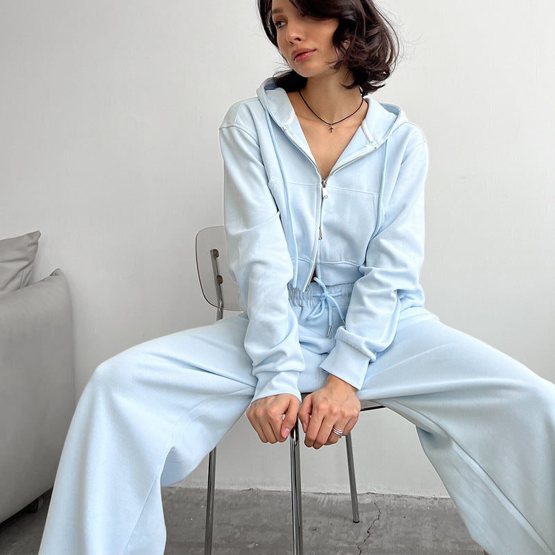 Damen kurzes Zip-Kapuzenjacken- und High-Waist Wide-Leg Jogginghose Set aus weichem French Terry – Élanora