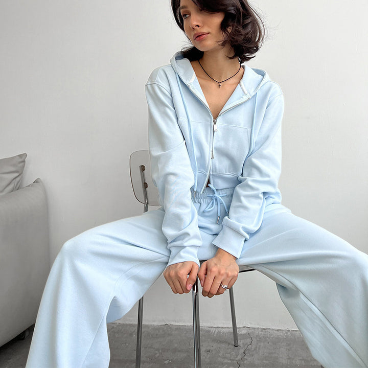 Damen kurzes Zip-Kapuzenjacken- und High-Waist Wide-Leg Jogginghose Set aus weichem French Terry – Élanora