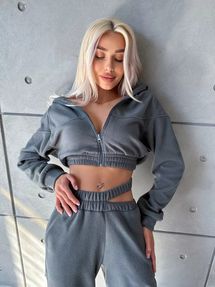 Damen Cropped Fleece-Set mit kurzem Zip-Hoodie und hoher Taillen-Jogginghose – Auréline