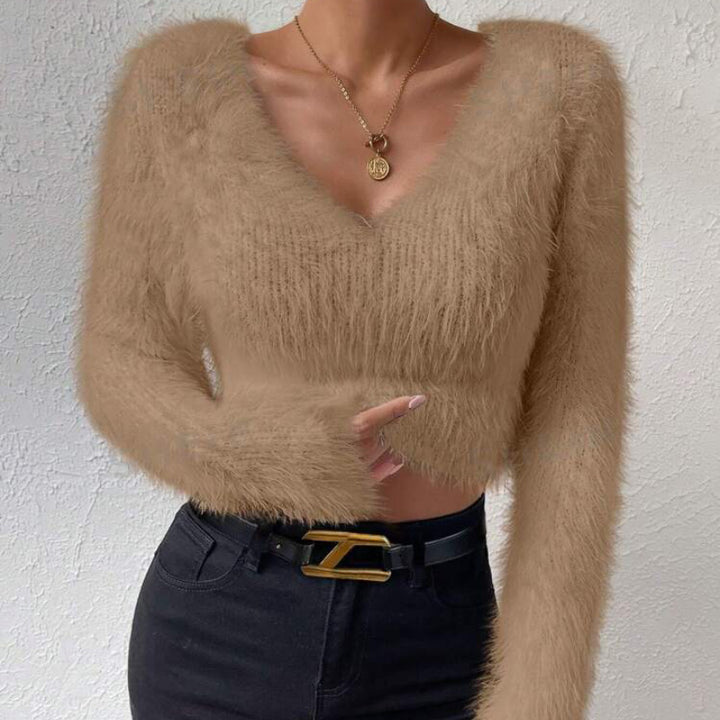 Damen Flauschiger Crop-Pullover mit V-Ausschnitt und Eyelash-Struktur – Mavelle